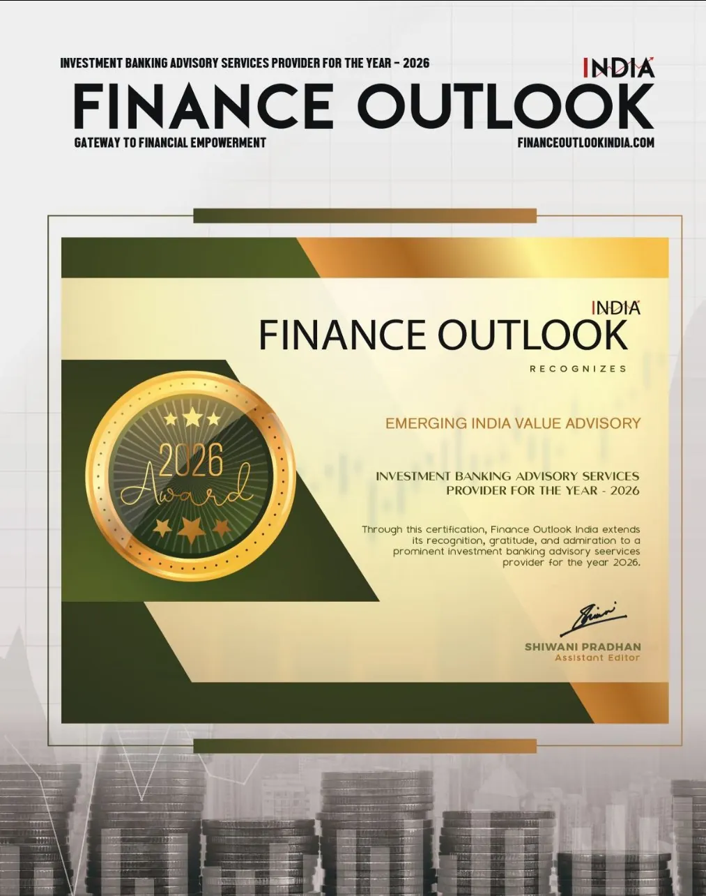 Finance Outlook India award certificate for Emerging India Value Advisory