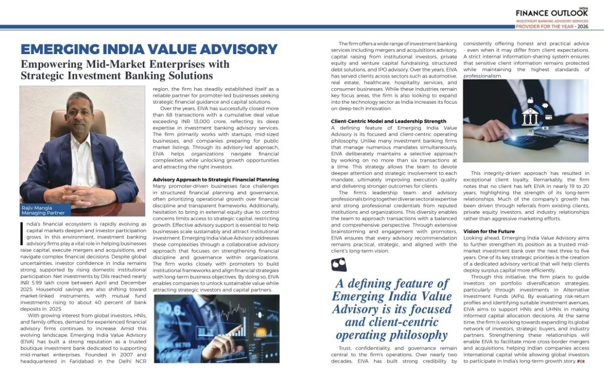 Finance Outlook India feature on Emerging India Value Advisory, 2026