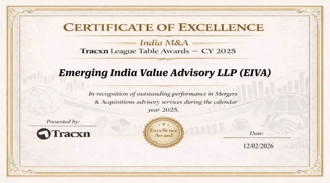 Tracxn Certificate of Excellence, India M&A League Table Awards CY 2025, for Emerging India Value Advisory